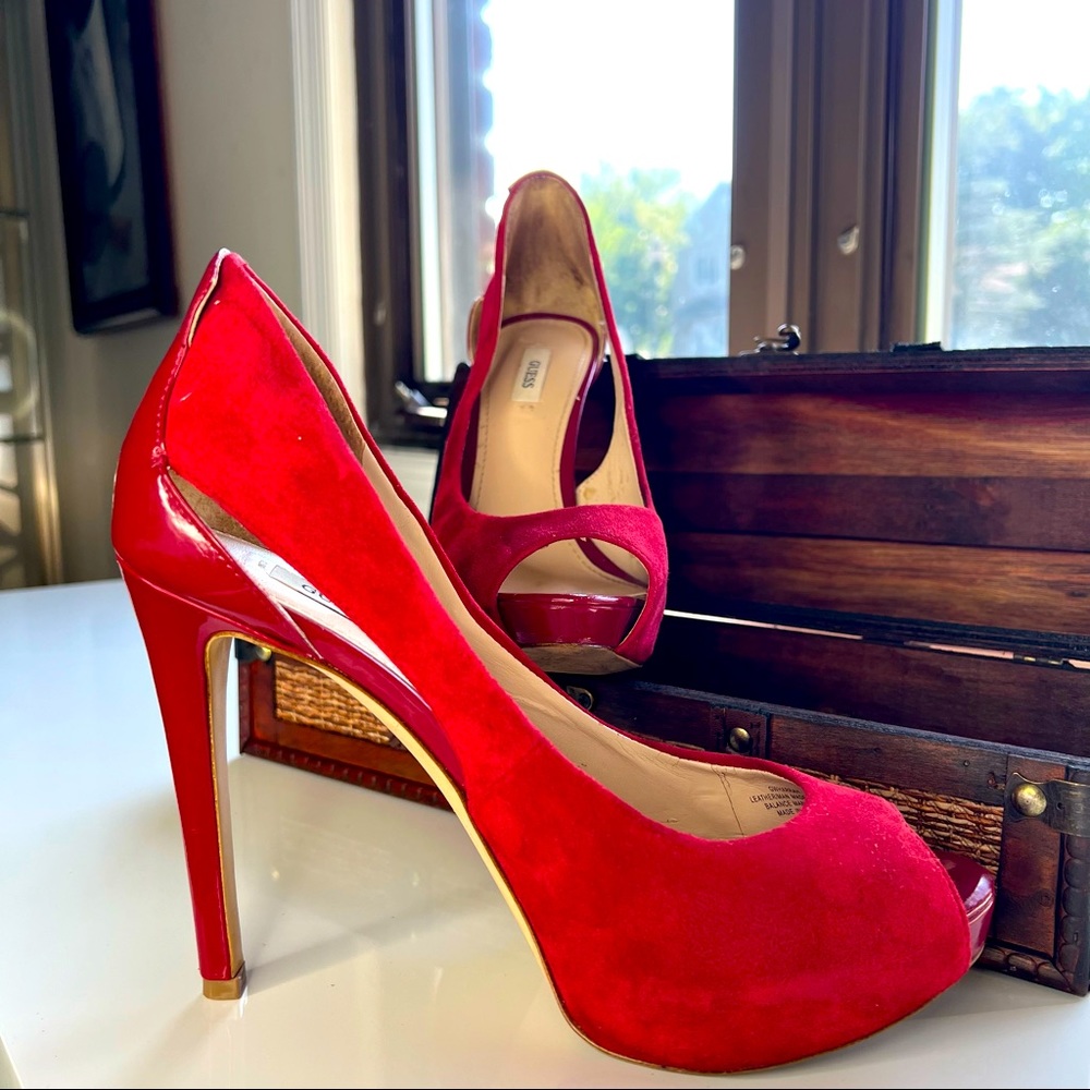 Guess red open toe pumps